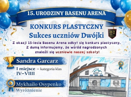 Sukces uczniów Dwójki w konkursie plastycznym z okazji 15 - lecia BASENU ARENA.